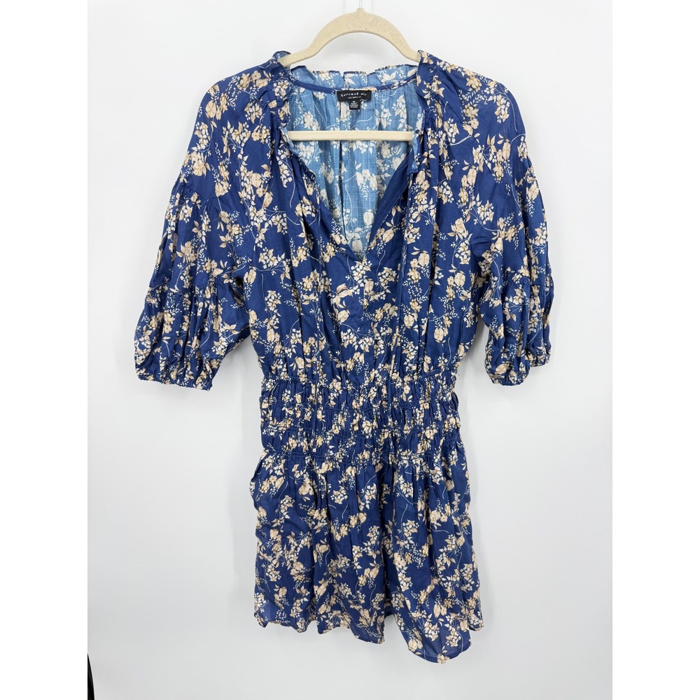 Current Air Floral Smocked Mini Dress Women Size M Blue Ramie Puff Sleeve